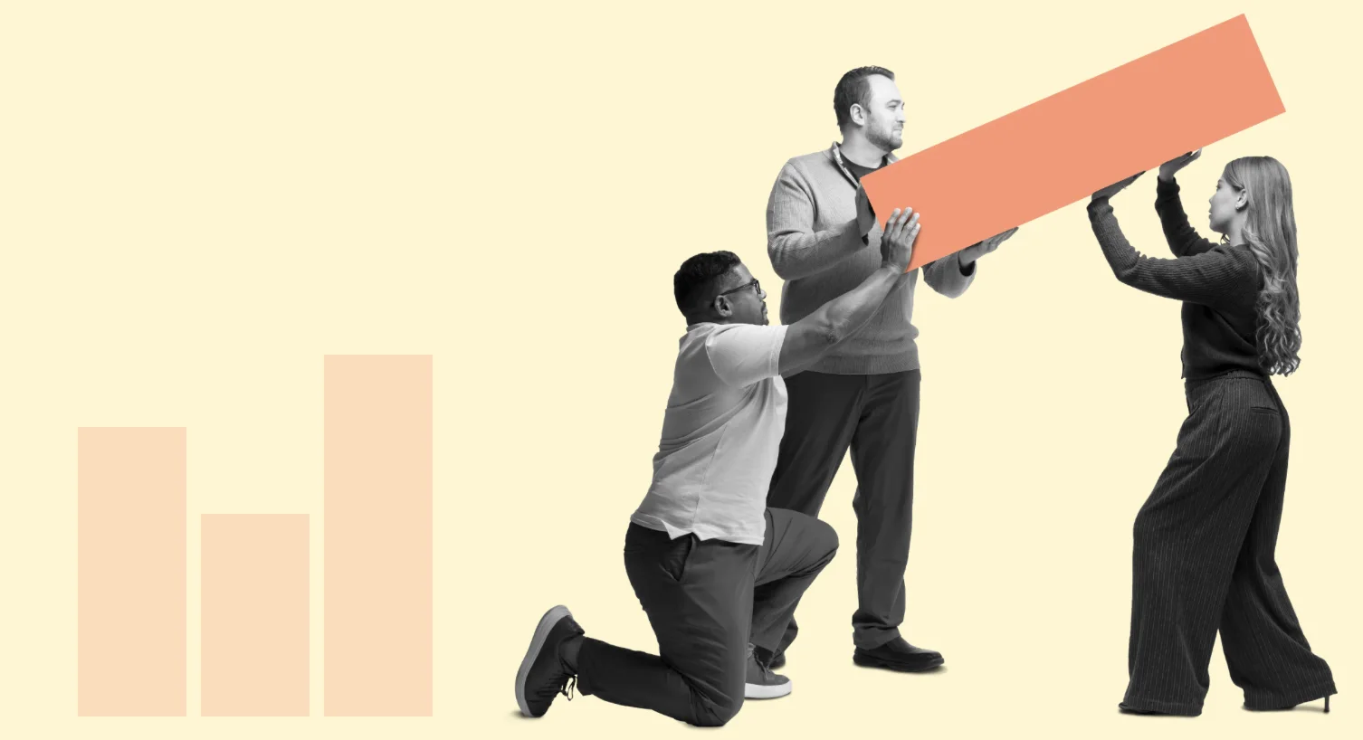 Three people lifting a rising orange bar on a pale yellow ground beside a bar chart — Cornerstone’s website illustration.